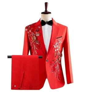 GS031a storelj新品 メンズ スーツ赤+赤 刺繍 上下セット ブルゾン タキシード王子 宮廷S M L-3XL演歌 歌手衣装舞台コスプレ(0)