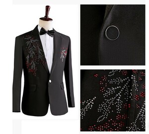 GS02b storelj新品 メンズ スーツ 赤ストーン ブラック 上下セット ブルゾン タキシード王子 宮廷S M L-3XL演歌 歌手衣装舞台コスプレ
