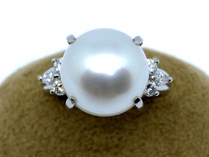 [ prompt decision /12.5 number ] PT900 south . pearl diamond ring 12.0.D:0.27ct White Butterfly pearl white south . pearl ring platinum 10.3g