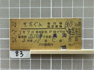 Dc83.硬券 きたぐに 急行券 指定席券 直江津 高岡 戸出駅発行