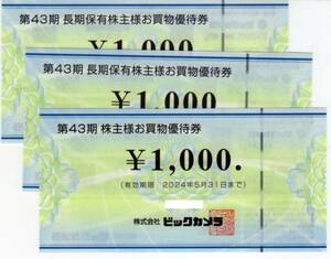 3枚：ビックカメラ株主優待券1000円×3枚＝3000円分