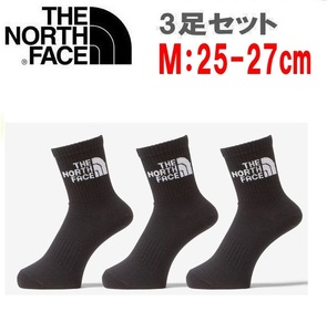 THE NORTH FACE ザノースフェイス TNFジャカードロゴ3Pクルーソックス ブラック M(25-27cm)　NN82411　靴下　アウトドア