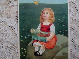 アンティークポストカード*鳥籠、小鳥と可愛い少女