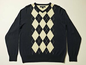 TOMMY HILFIGER　トミーヒルフィガー　アーガイル柄　コットンニット　セーター　正規品　ロゴ刺繍　Vネック　綿ニット　Sサイズ