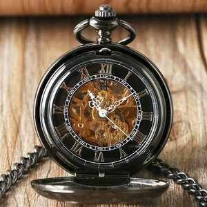 [ postage our company charge ] self-winding watch machine pocket watch hand winding chain attaching antique style stainless steel Vintage skeleton retro P2047C