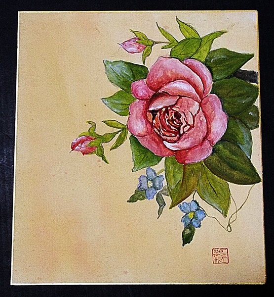 6514☆☆Unknown colored paper, hand-painted, flower painting, rose, seal, unknown☆, Painting, Japanese painting, Flowers and Birds, Wildlife