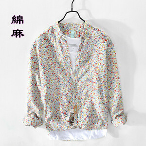 花柄シャツ　リネンシャツ 新品 メンズ 綿麻シャツ 長袖シャツ　春夏 サマーシャツ　カジュアルシャツ　トップス【Z913】白　L