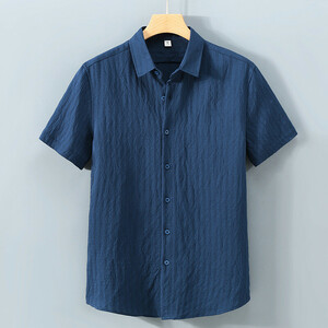 半袖シャツ　夏薄めシャツ　涼しい　新品*メンズ カジュアルシャツ　開襟シャツ　トップス【新1505】紺色　2XL