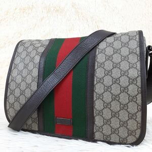 1円〜【極美品】GUCCI グッチ　メッセンジャーバッグ　ショルダーバッグ　シェリーライン　GGスプリーム 斜め掛け ロゴプレート ブラウン