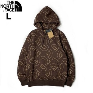 1円～!売切!【正規新品】THE NORTH FACE◆ALL OVER PRINT HOODIE パーカー US限定 裏起毛 ハーフドームロゴ 男女兼用(L)茶 総柄 181130-35