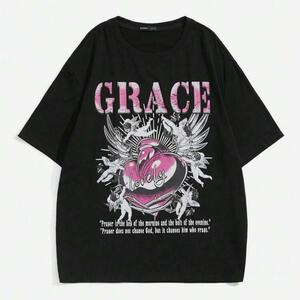 ブラック　ROMWE　Tシャツ　ハート　サイズ　XL　身幅　約６１ｃｍ　夏用　黒