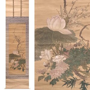 ∇花∇幕末の文人画家【中林竹洞】真筆 絹本着色四花図 雅な桜花表具