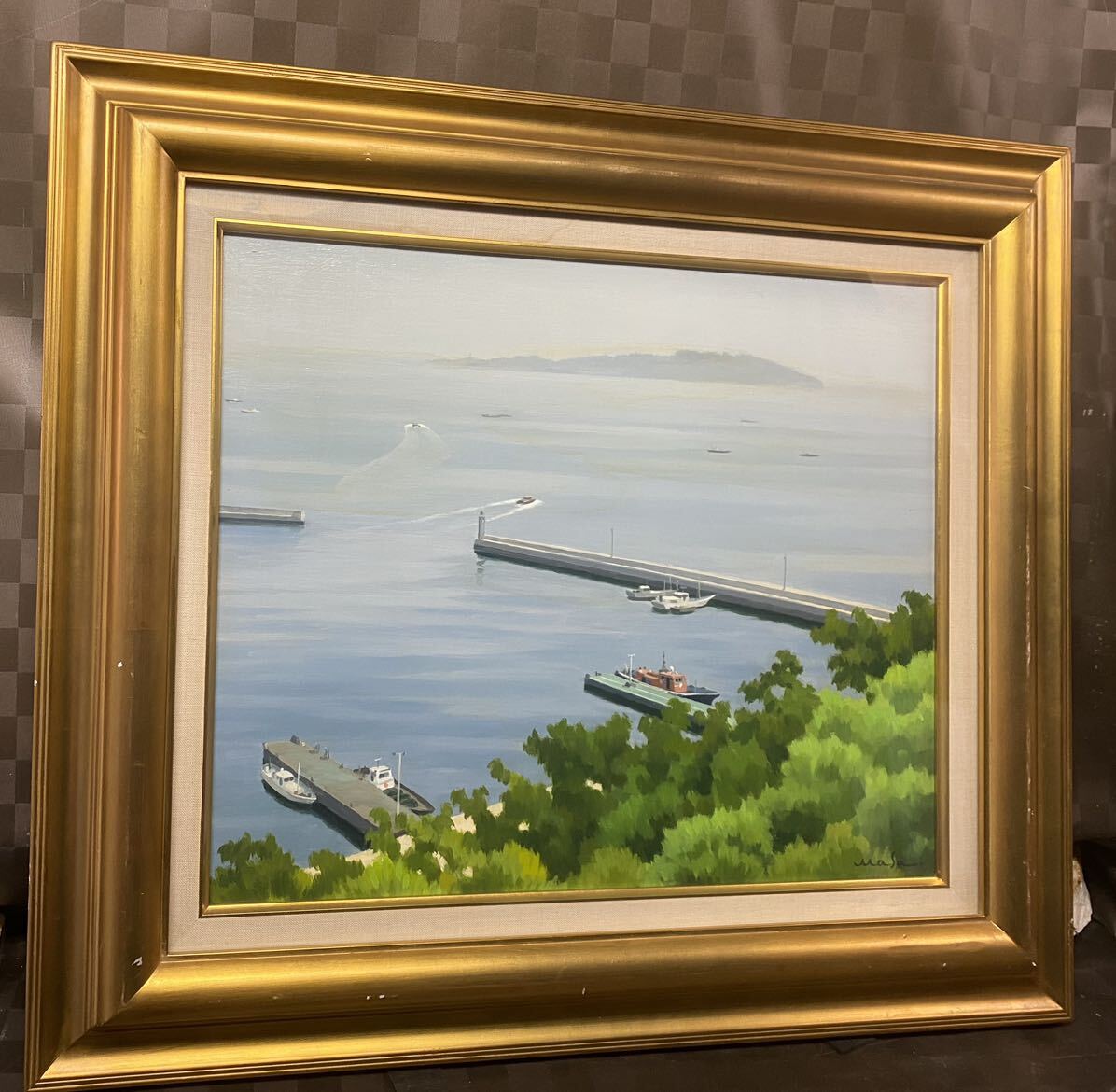 Genuine oil painting by Masafumi Ikeda [Morning mist over the Chita Sea] F8 size, distant view of Shinojima from Shizaki, by Sotaro Yasui and Ryohei Koiso, landscape painting, frame, interior decoration, Painting, Oil painting, Nature, Landscape painting