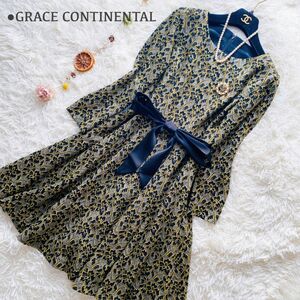 極美品 グレースコンチネンタル 総刺繍 花柄 リボン フレア ワンピース 日本製 GRACE CONTINENTAL ストレッチ