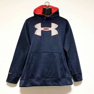 美品☆UNDER ARMOUR/アンダーアーマー☆ストーム☆スウェット/パーカー☆ビッグロゴ/裏起毛/ジャケット/ジャージ/紺×オレンジ/大きめ/XL