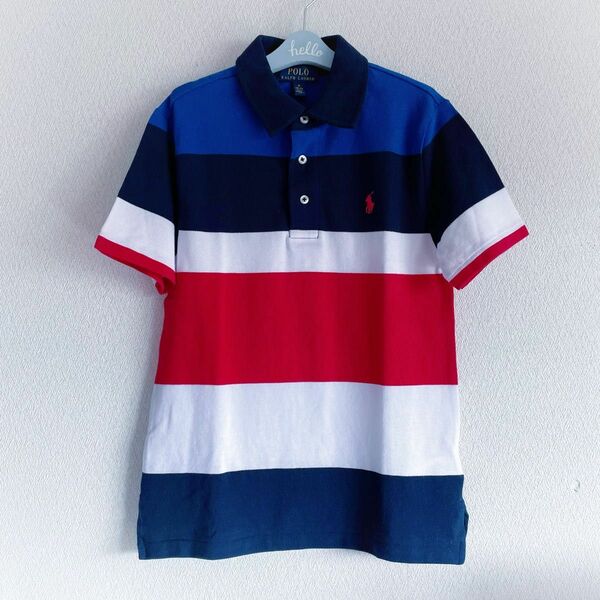 極美品 POLO RALPH LAUREN ポロラルフローレン 半袖 ポロシャツ ラガ－シャツ ボ－ダ－ 150cm ネイビー