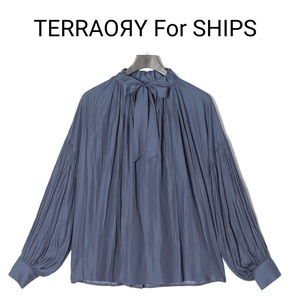 新品 15,400円★TERRAOЯY For SHIPS★シップス正規★手洗い可能 ボリュームスリーブ ブラウス★リボン付 2way★エレガントな艶感 ネイビー