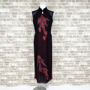 1円 アオザイ上衣 Miss Aodai SILK 袖無し ロングワンピース M 赤黒 カラードレス キャバドレ 発表会 フォーマル 中古２４５５