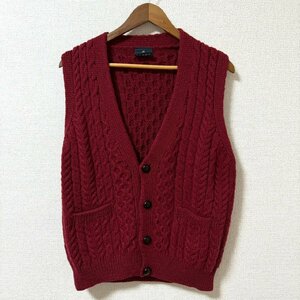 (^w^)b アイランド製 aran WOOLLEN MILLS アラン ケーブル 編み ニット ベスト ボタン ポケット レイヤード MERINO WOOL レッド M 8412EE