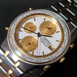 稼働品 セイコー ワールドタイム 5T52-7A00 白文字盤 8針 カレンダー デイト クウォーツ メンズ SEIKO WORLD TIME 