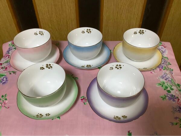 カップ &ソーサー 茶器&皿 茶器セット 窪みなし皿 湯呑み 5色カラー 5客セット