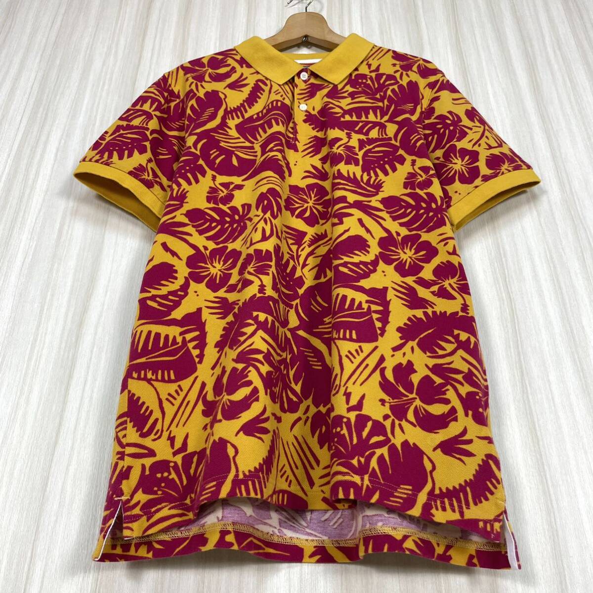 ☆希少☆トミーヒルフィガー 刺繍フラッグロゴ アロハ ハイビスカス 総柄プリント 半袖ポロシャツ XL マスタードイエロー アメカジ 古着 ☆希少☆トミーヒルフィガー 刺繍フラッグロゴ アロハ ハイビスカス 総柄プリント 半袖ポロシャツ XL マスタードイエロー アメカジ 古着