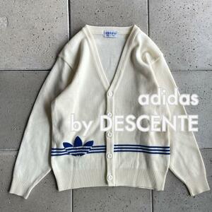 1990s【adidas by DESCENTE アディダス デサント】トレフォイルロゴ ニット カーディガン M ホワイト 白