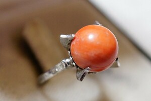 1392 natural .. circle sphere ring ring Vintage accessory SILVER stamp antique coral coral san . ornament 