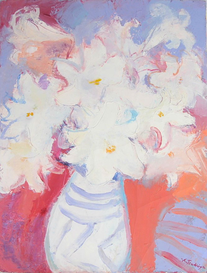 ◎土屋佳代子《白花》1973年油画带框, 绘画, 油画, 自然, 山水画