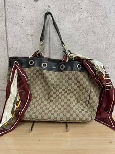 ※GUCCI/グッチ　トートバッグ　ショルダーバッグ　153033 467891 GGキャンバス　レザー　ベージュ スカーフ　ダメージ有　