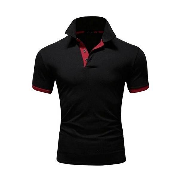 ポロシャツ メンズ 半袖 ゴルフウェア 鹿の子 スポーツウェア アウトドア 2色 アクセントカラー ブラック&レッド Lサイズ