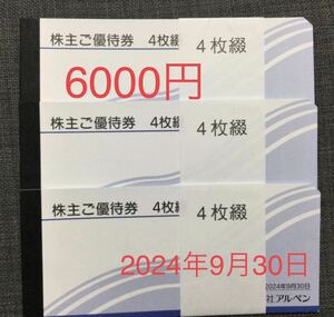 アルペン 株主優待 株主優待券；6,000円分 