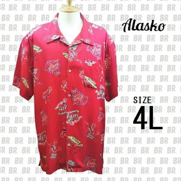 新品　【Alasko】　4L　レッド　カジノ柄　アロハシャツ　半袖