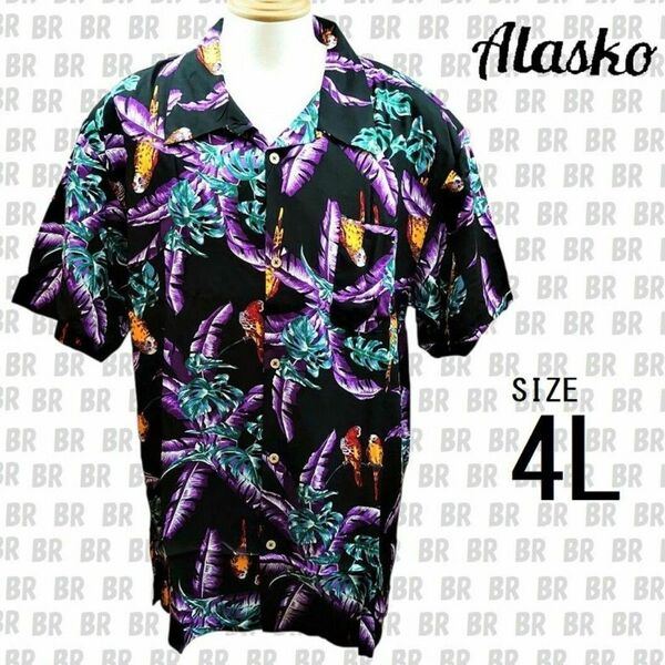 新品　【Alasko】　４Ｌ　ブラック　アロハシャツ　ボタニカル・インコ柄