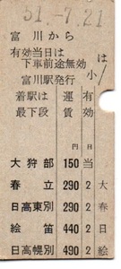 【国鉄】縦型乗車券　日高本線（廃線）　富川駅→日高幌別駅　～昭和51年～