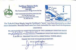 BCL★入手困難ベリカード★カリビアン・クリスチャン・ラジオ★Caribbean Christian Radio★タークス・カイコス諸島★西インド諸島★1993年