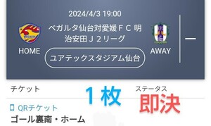 ベガルタ仙台 VS 愛媛FC ゴール裏南・ホーム チケット１枚 QRチケット 送料無料 チケット ●最終価格●