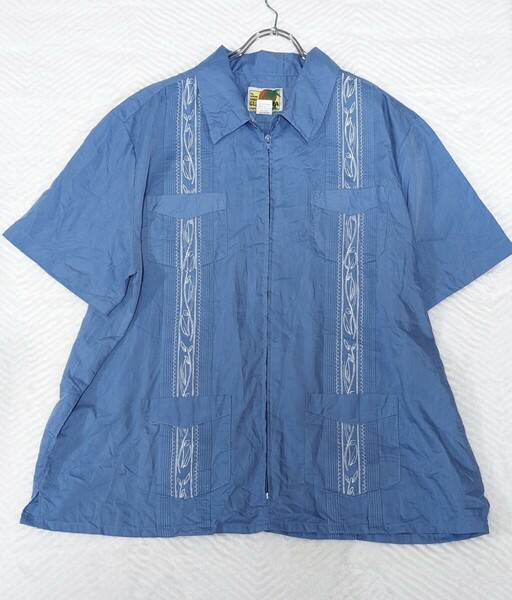 GUAYABERA 半袖キューバシャツ 青　ブルー　XL　大きいサイズ　ビッグシルエット