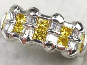 【3394A】Pt900プラチナ 天然イエローダイヤモンド天然クリアダイヤモンド 0/65ct/0.22ct/8.2g リング 指輪 ♯12