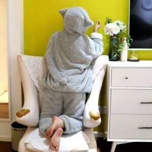  room wear pyjamas winter ear attaching hood .... long sleeve front opening ... attaching top and bottom set lady's gray L