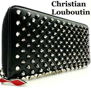 【極美品】クリスチャンルブタン Christian Louboutin 財布 長財布 wallet ラウンドファスナー スタッズ パネトーネ ブラック レザー