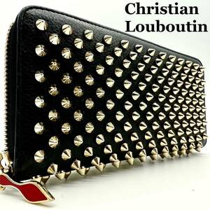 【極美品】クリスチャンルブタン Christian Louboutin 長財布 財布 wallet ラウンドファスナー スタッズ パネトーネ ブラック レザー