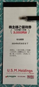 【送料無料】USM ホールディングス　ユナイテッドスーパーマーケット　株主優待券3,000円分　　