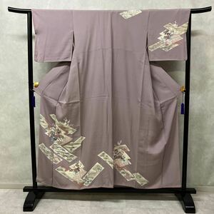 着物　袷　正絹　付下げ　薄紫色　お花　リメイク　お稽古　着付け　肩身丈153cm 裄丈62cm c08-10y