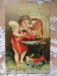 アンティーク　古いポストカード・絵葉書 　* 天使の鍛冶屋さん * クラップサドル　サイン無　1908年消印