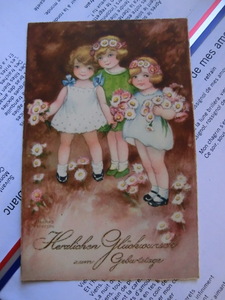 アンティーク　古いポストカード・絵葉書 　* 花の髪飾りの少女たち *　ハンス・ピーターセン　未使用