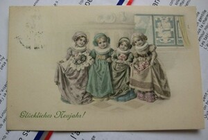 アンティーク　古いポストカード・絵葉書 　* 新年おめでとう * M.M.Vienneヴィエナ流イラスト４人の姉妹 1909年消印 