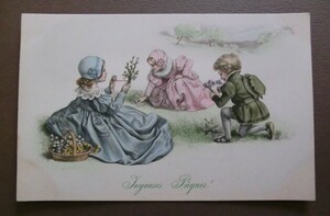 アンティーク　古いポストカード・絵葉書 　* 楽しいイースター * M.M.Vienneヴィエナ流イラスト３人の子供たち 1900年代未使用