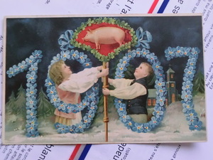 アンティーク　古いポストカード・絵葉書 　* １９０７年カード、ブタちゃん/勿忘草/クローバー *