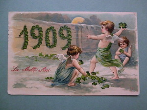 アンティーク　古いポストカード・絵葉書 * 1909年 年号カード 幸運が来ますように * 消印判読不明 